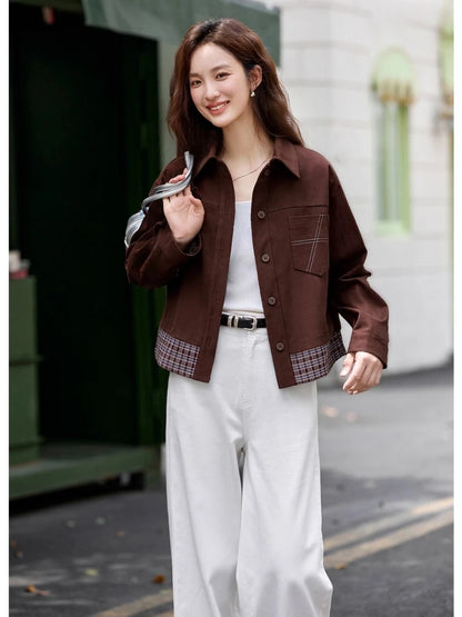 Turn-down collar long-sleeve outerwear for ladies