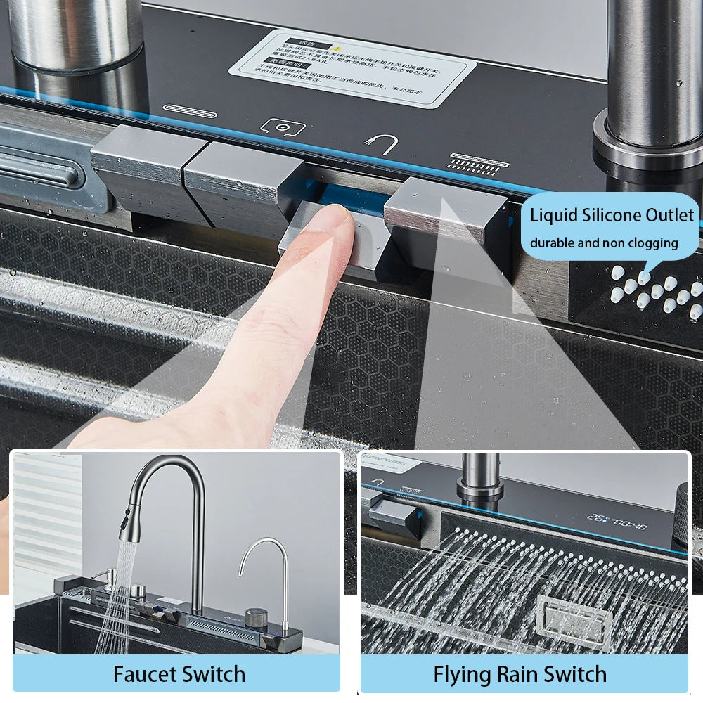 Multifunctional Kitchen Waterfall Sink – Large Single Basin, 304 Stainless Steel