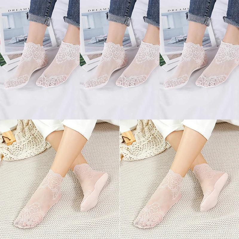 5 Pairs Women’s Lace Invisible Socks – Thin Non-Slip Boat Socks