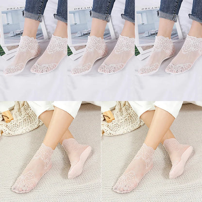 5 Pairs Women’s Lace Invisible Socks – Thin Non-Slip Boat Socks
