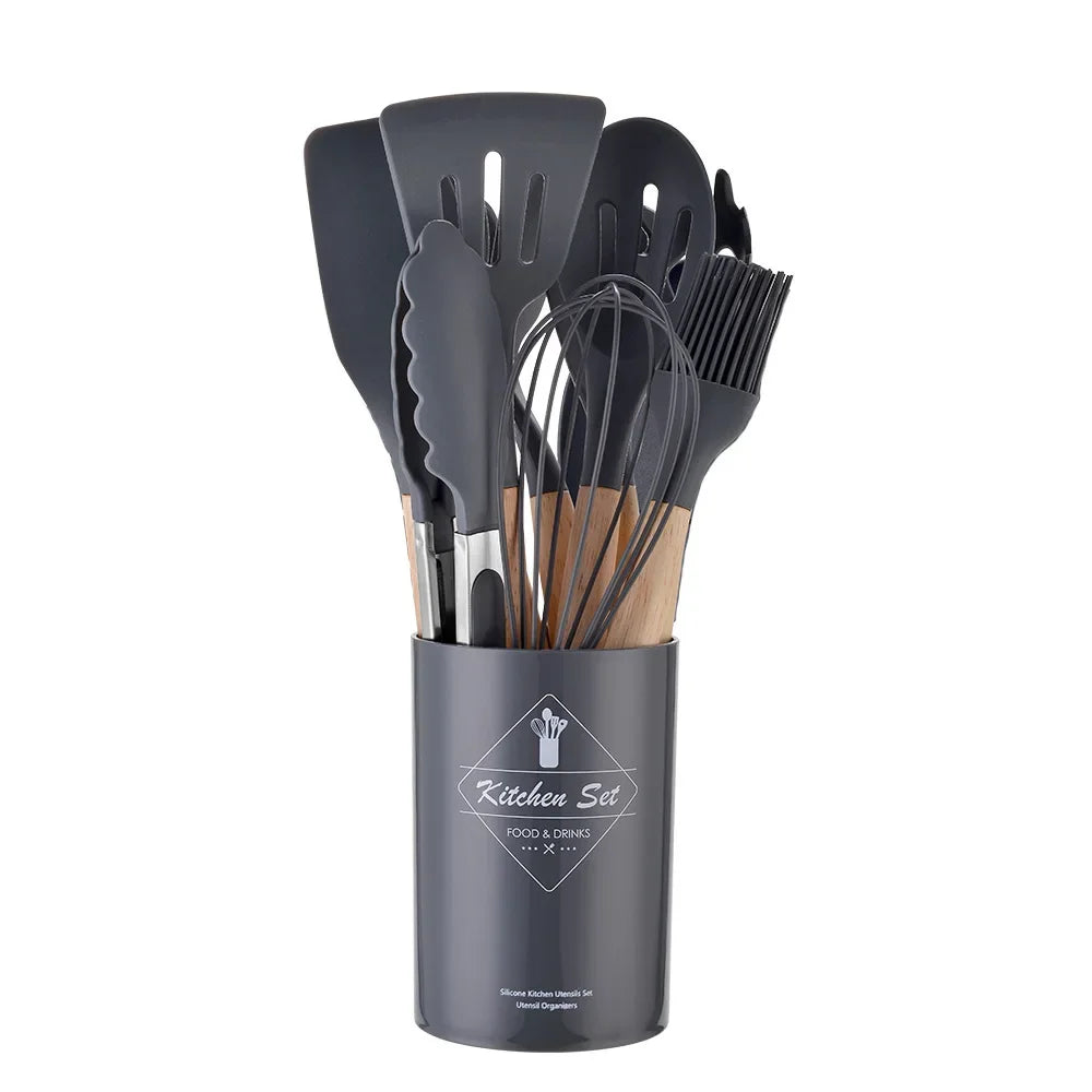 12-piece silicone kitchen utensil set with wooden handles—non-stick safe