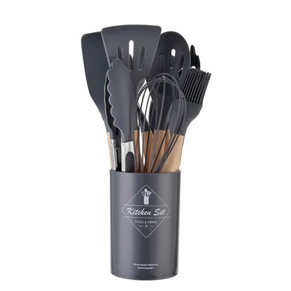 12-piece silicone kitchen utensil set with wooden handles—non-stick safe