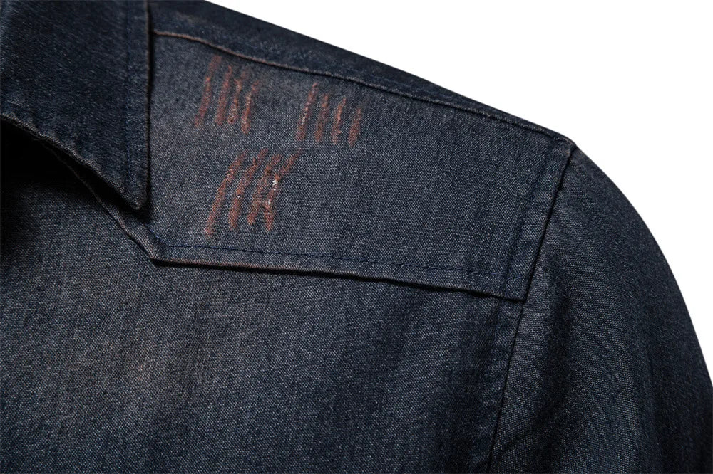 Men's casual solid - color long - sleeve denim shirt