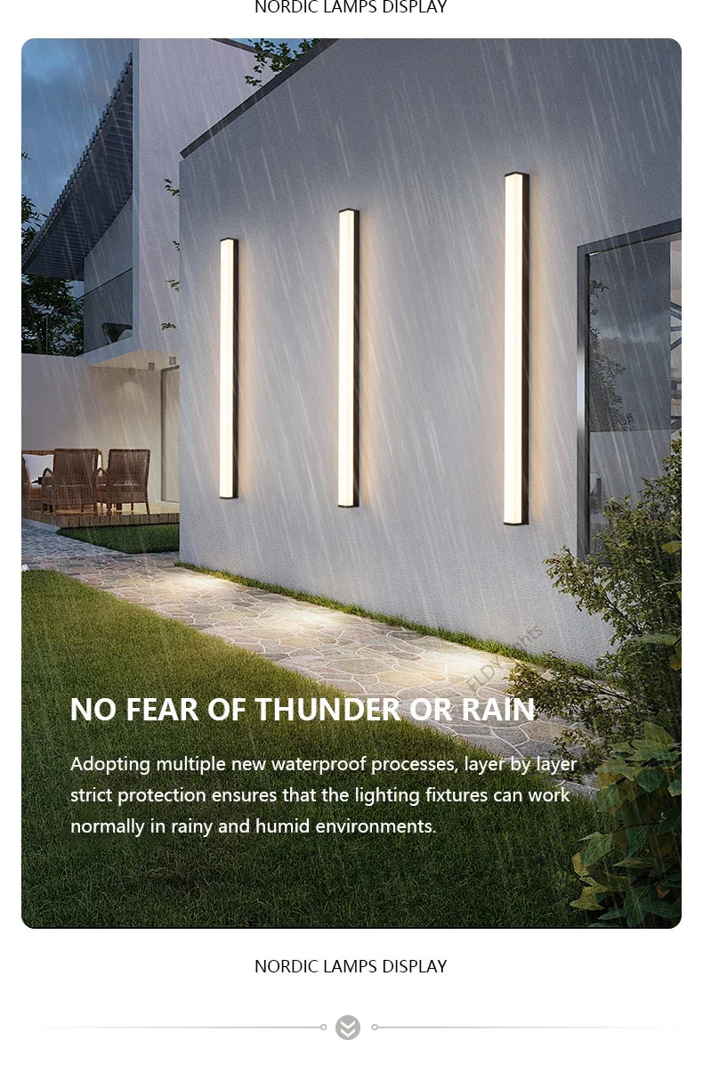 Weatherproof modern LED wall sconce for outdoor spaces, IP65, long-strip style
