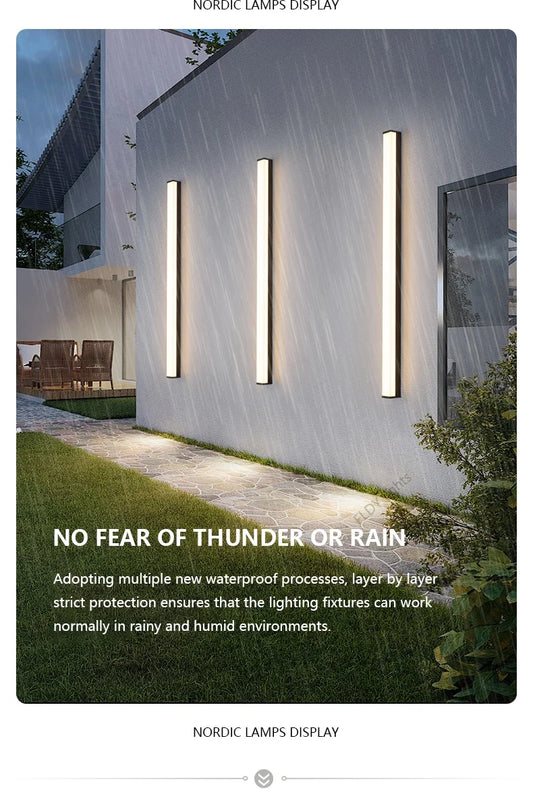 Weatherproof modern LED wall sconce for outdoor spaces, IP65, long-strip style